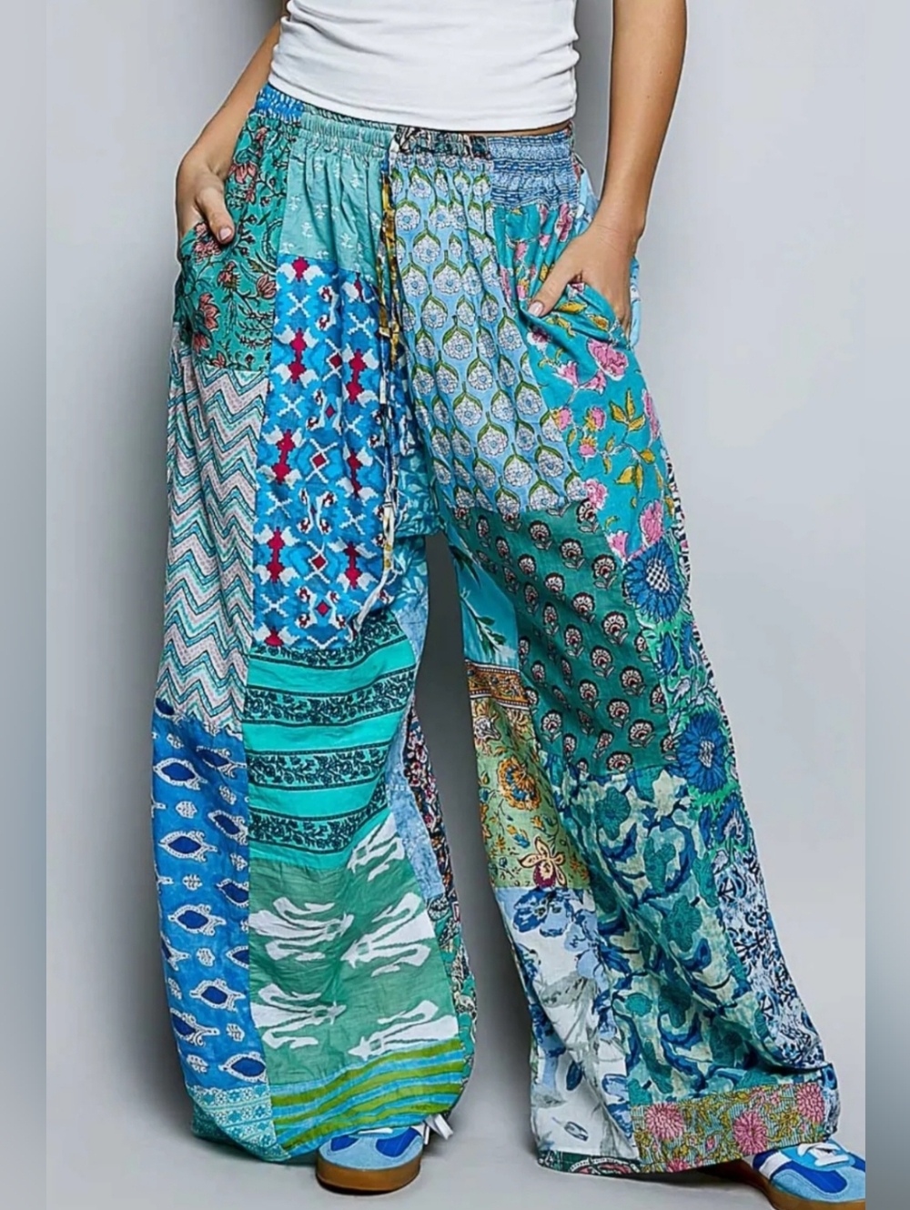 POL Wide Leg Patchwork Pants in Teal, Turquoise & Blue